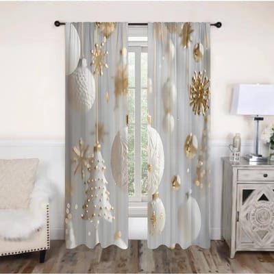 Kerstgordijnen Wit Goud Decor 2 Panelen 3D Print Vakantiedecoratie Slaapkamer Woonkamer Sneeuwvlok Ornamenten Elegant Knus 50W60H(CM)X2PCS&Rod Pocket gray