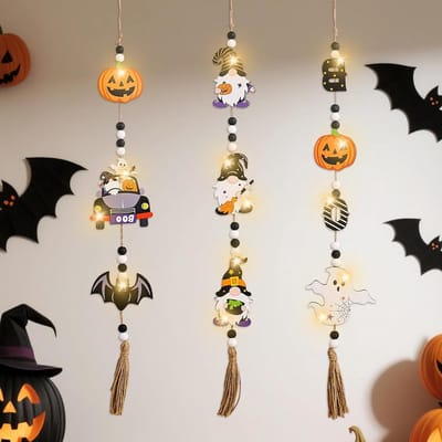 Halloween Decoratie Set met 3 Stuks LED Lichten - Houten Pompoen, Vleermuis en Geest Versieringen voor Binnen en Buiten, Perfect voor Feestjes en Tuin Decoratie