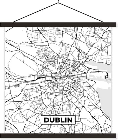 Posterhanger incl. Poster 60x60 cm - Schoolplaat - Kaart - Dublin - Stadskaart - Zwart Wit - Plattegrond - Textielposter - Zwarte latten - Stadskaart