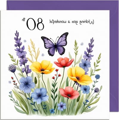 Mooie 80e verjaardagskaart met bloemen en vlinder ontwerp - Floral verjaardagskaart voor 80 jaar oud tachtig