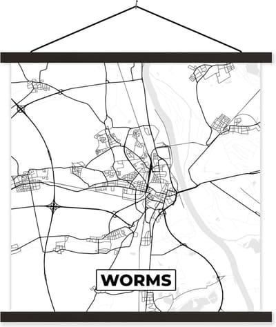 Posterhanger incl. Poster 60x60 cm - Schoolplaat - Kaart - Worms - Plattegrond - Stadskaart - Textielposter - Zwarte latten - Stadskaart