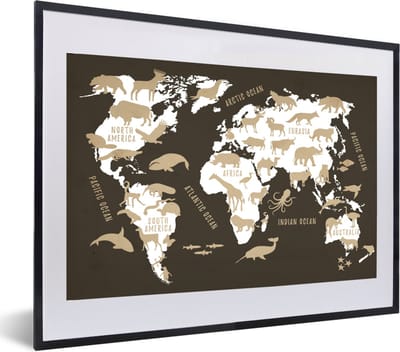 Poster in lijst - Fotolijst 60x40 cm - Posters - Wereldkaart - Dieren - Beige - Posterlijst zwart - Decoratie - Wanddecoratie woonkamer - Muurdecoratie slaapkamer