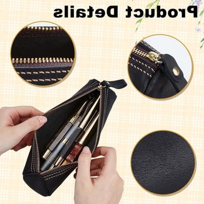 Lederen etui met ritssluiting in zwart, vintage design voor thuis, werk en reizen, 21 x 5,6 x 4,9 cm, ideaal voor pennen, make-up en accessoires