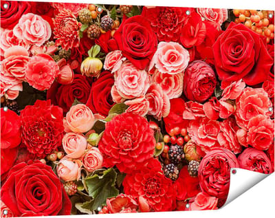 Gards Tuinposter Rode en Roze Bloemen met Fruit - Abstract - 120x80 cm - Tuindoek - Tuindecoratie - Wanddecoratie buiten - Tuinschilderij