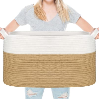 Cosensi- Wasmand 65 L - Opbergmand - Speelgoedmand - Opvouwbaar - Jute/Wit - 55 x 38 cm - Geschikt voor was en speelgoed