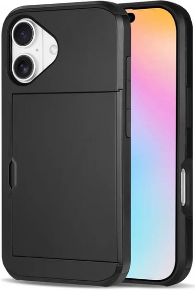 Hoesje met Kaarthouder Slider Geschikt voor Apple iPhone 16 | Back Cover Pasjeshouder Achterkant | Kaarthouder voor Twee Pasjes | Zwart