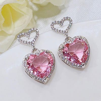 Huitan Luxe Roze Zirkonia Hart Oorbellen voor Vrouwen Kleur Sprankelende Verloving Bruiloft Accessoires Trendy Sieraden gray
