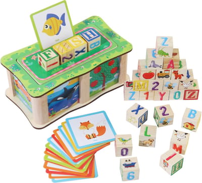 Bouwstenen ‌Speelgoed 27 Alfabet Blokken + 20 Dubbelzijdige studiekaarten Set – Montessori Leerbox met Cijfers, Dieren & Voertuigen + Dubbelzijdige Leerkaarten - Leer Engelse - Taalontwikkeling - Cognitieve Vaardigheden - Educatief spel - Vanaf 3 +