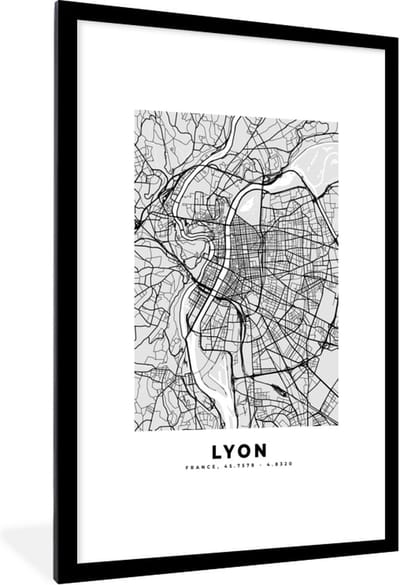 Fotolijst incl. Poster - Plattegrond - Lyon - Stadskaart - Kaart - Frankrijk - 80x120 cm - Posterlijst