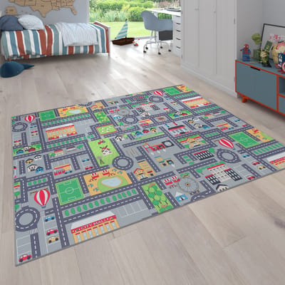 Flycarpets Binola Kindervloerkleed Grijs / Kleurrijk - 120x160 cm - Auto Speelkleed / Speelmat Stad - Laagpolig Vloerkleed Kinderkamer