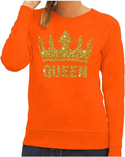 Oranje Queen print sweater - trui met gouden glitter kroon - voor dames - Koningsdag supporter kleding XS