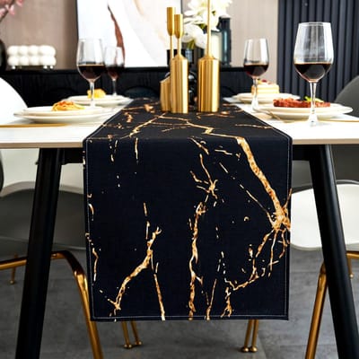 Tafelloper voor de herfst, zwart en goud, moderne linnen tafelloper met gouden marmerstructuur, abstracte kunst, wasbaar, voor koffie, eetkamer, kaptafel, slaapkamer, 40 x 240 cm