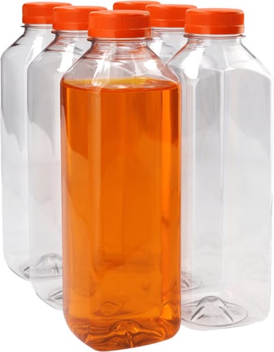 6 x Sapfles Plastic 750 ml - Vierkant - PET Flessen met Dop oranje- PET Kunststof BPA-vrij - Plastic Flessen Navulbaar - Met Dop - Lege Flessen - 6 stuks