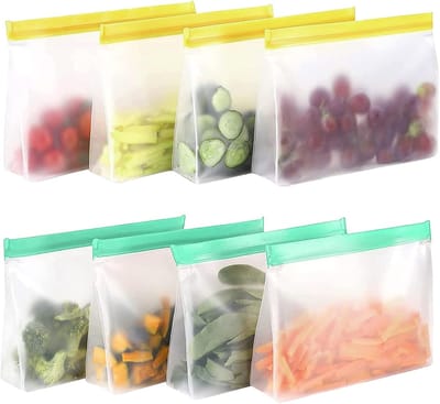 Famanu Herbruikbare siliconen zakjes, staande bodemdesign, ritssluiting, voedselzakken, vrieszakken, sandwichzakken, PEVA-opbergzakken voor het bewaren van groenten, melk, snacks, vlees, 8 stuks