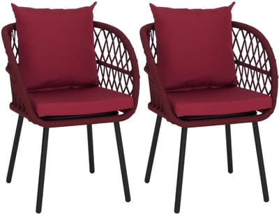 Set van 2 tuinstoelen MCW-Q38, tuinstoel met armleuningen, aluminium vlechtwerk Rope ~ frame zwart, bekleding bordeauxrood