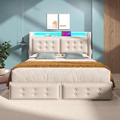 VVBV Gestoffeerd Bed met Opbergruimte 140x200 cm met 4 Lades, LED-Verlichting - USB - Hout/Metaal Beige - Zonder Matras
