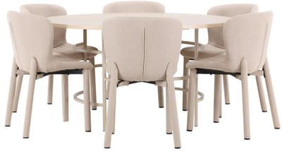 Copenhagen eethoek tafel Ø140cm en 6 stoelen whitewash, beige.