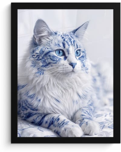 Poster in lijst - Fotolijst 30x40 cm - Posters - Kat - Patroon - Blauw - Posterlijst zwart - Decoratie - Wanddecoratie woonkamer - Muurdecoratie slaapkamer