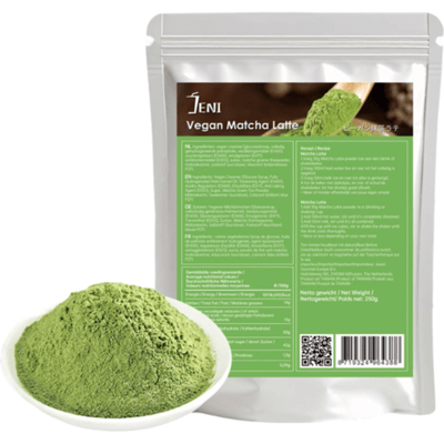 JENI Vegan Matcha Latte - Heerlijke groene thee poeder voor een perfecte latte, 250 gram verpakking.