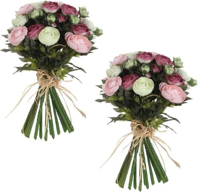 Mica Decorations Boeket - 2x stuks - kunstbloemen - roze/wit - Ranunculus/ranonkel kunstbloemen - 35 cm - Bruidsboeketten
