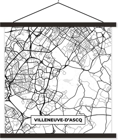 Posterhanger incl. Poster 60x60 cm - Schoolplaat - Plattegrond - Kaart - Frankrijk - Stadskaart - Villeneuve-D'Ascq - Zwart wit - Textielposter - Zwarte latten - Stadskaart