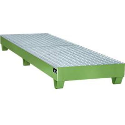 Stalen lekbak met rooster, 2400 x 800 mm, groen RAL 6011