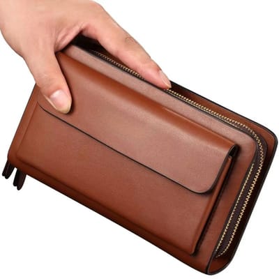 Luxe RFID Heren Portemonnee met Rits en Geldclip – Grote Clutch Portemonnee met Telefoonvak voor Pasjes, Munten en Contant Geld- BRUIN