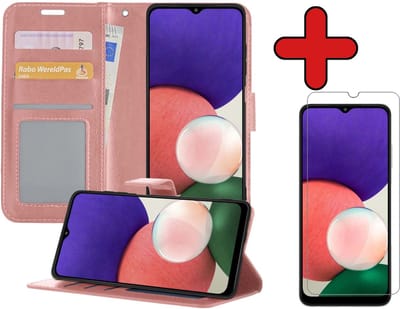 Hoesje - Met Screenprotector - Geschikt voor Samsung Galaxy M22 - Luxe Pasjeshouder - Flipcase - Bookcase Portemonee - Flip Case - Kunstleer Book Case - Book Cover - Walletcase - Portemonneehoes - Telefoonhoes - Rosé goud
