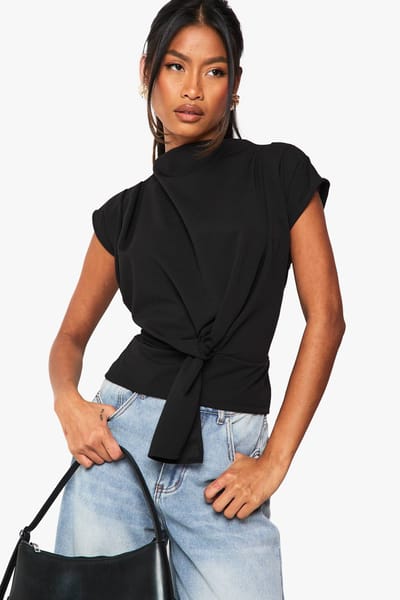 boohoo Dames Crepe Knoop Cowl Halsblouse | Zwart | Maat: 36