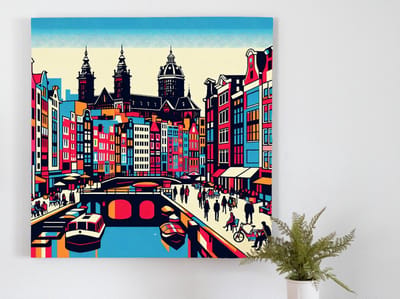 Pop art amsterdam schilderij | Amsterdamse Pop Art: Een Kleurrijk en Levendig Stadsportret | Kunst - 40x40 centimeter op Canvas | Foto op Canvas