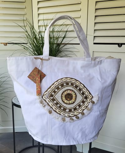 Mix en Match - Strandtas- XL - Shopper - Bohemian - Ibiza stijl - Crème - 60x39x20cm