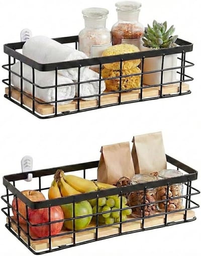metalen mand, metalen badkamer, opbergmand, zwart, decoratieve manden, huishoudelijke wandmand, metalen houten sokkel voor keuken, eetkamer, fruitsnacks, 2 stuks