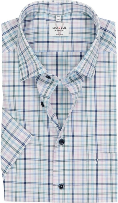 MARVELIS modern fit overhemd - korte mouw - popeline - wit met blauw - groen en roze geruit - Strijkvrij - Boordmaat: 45 (EU maat: XXL)