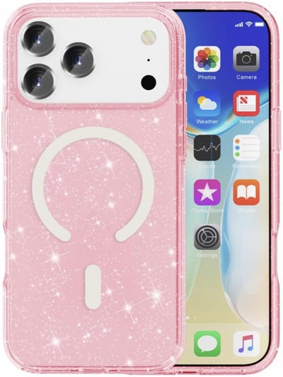 YPCd Glitter Hoesje met MagSafe Geschikt voor Apple iPhone 17 Pro Max – Flexibel TPU Backcover – Schokabsorberend & Verhoogde Randen – Roze