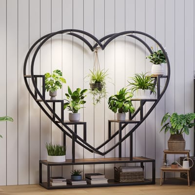 Hartvormige Plantenstandaard 130×26×138 cm – Tijgerbladkleur – LED Groei Lamp – Met Haken – Opberg- & Displaykast