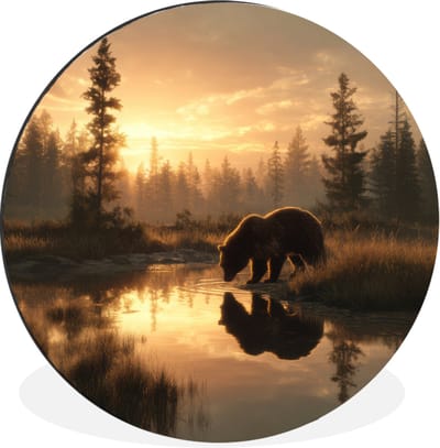 WallCircle - Wandcirkel - Muurcirkel - Beer - water - Bos - Ochtendlicht - Aluminium - Dibond - 30x30 cm - Binnen en Buiten
