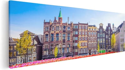 Artaza Canvas Schilderij Tulpenveld - 60x20 cm - Muurdecoratie Amsterdam - Wanddecoratie Bloemen - Kamer Accessoires Grachtenpanden