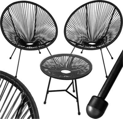 tectake® Tuinmeubel bistroset - 2 stoelen en 1 tafel met glazen blad - Retro Egg Chairs in Acapulco-stijl - Weerbestendig - Binnen- en buitengebruik - Zithoogte 30 - 38 cm - Belastbaarheid 120 kg - Zwart