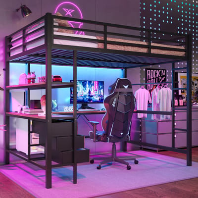 MIVRAY Hoogslaper 140x200cm Zonder Matras - Met Sfeerverlichting en Bureau Met Stopcontact en USB - Met 3 Lades en Opbergrek - Metaal MDF - Zwart