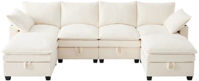 KOMHTOM L-hoekbank met corduroy bekleding afneembare voetensteun USB-poorten en bekerhouders beige