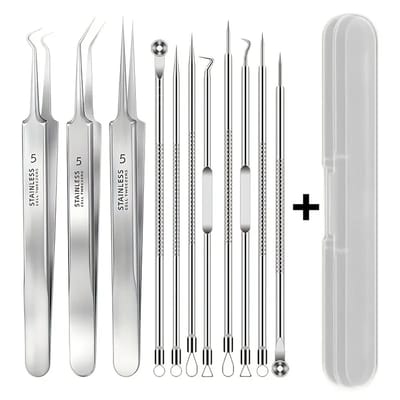 Set van 11 Roestvrijstalen Puistenverwijderaars – Comedonenlepels en Acne Naalden – Professionele Huidverzorging – Duurzaam en Hygiënisch – Voor Alle Huidtypes – Inclusief Opbergdoosje