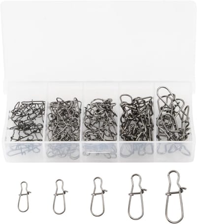 Complete Vissersset met 100 RVS Dubbele Lock Snaps en Opbergdoos, Carabiner voor Roofvis zoals Baars, Forel, Zander en Snoek (5 Maten, Zilver)