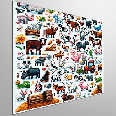 Pixel art vee schilderij | Pixels van vee dansen in kunstwerk vol kleur en levendigheid | Kunst - 50x50 centimeter op Dibond | Foto op Dibond