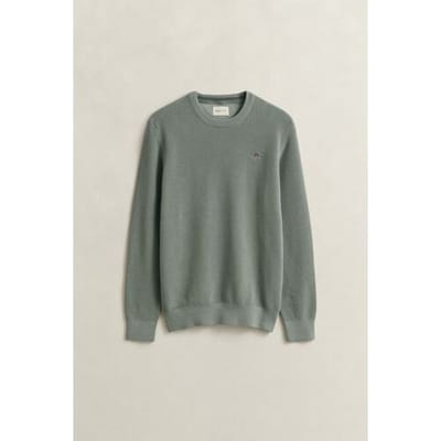 Gant Trui Solid Color Micro Textured Cotton Crew Neck Ceramic Grey / male