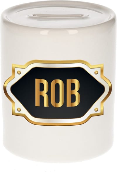 Spaarpot met voornaam Rob - wit - met goud/zwart embleem - 8 x 9 cm - keramiek - met afsluitdop - cadeau verjaardag