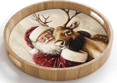 Dienblad rond 40x40 cm - Schootdienblad hout - Kerstman - Rendier - Sneeuw - Kleurrijk - Borrelplank rechthoek - Plateau houten dienbladen
