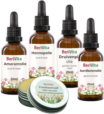 Gewone, Normale Huid Verzorging Pakket -100% Natuurlijk - Aardbeienolie 20ml, Amarantolie 20ml, Druivenpitolie 20ml, Hennepolie 20ml, Frambozenzalf 15ml