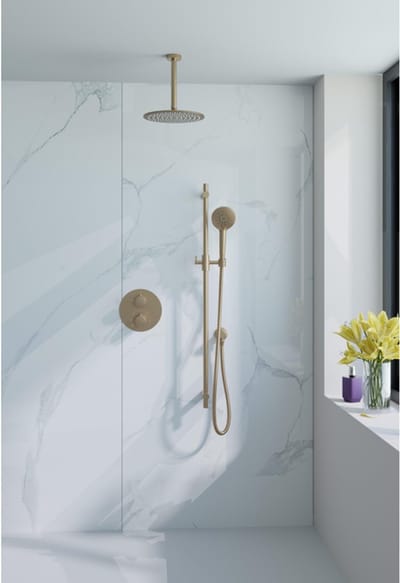 FugaFlow Eccelente Acces Inbouw Regendoucheset - rond - thermostatisch - plafondarm - glijstang - 25cm hoofddouche - ronde handdouche - Geborsteld Messing PVD (Goud)