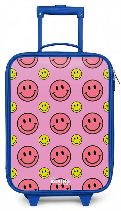 NoBoringSuitcases.com® - Kinderkoffer blauw - Kindertrolley jongen - All smiles roze - Koffer kind lichtgewicht - Reiskoffer trolley voor kinderen - Koffertje met lichtgevende wieltjes - Rolkoffer