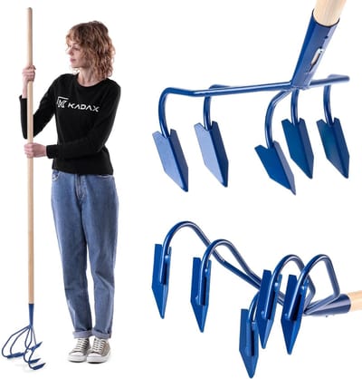 Handcultivator - Tuinklauw Tuinhak - Grond Losmaken Onkruid Verwijderen - Lange Houten Steel - 171 cm - Blauw